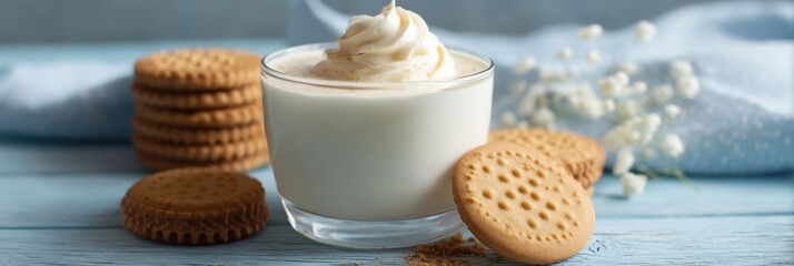 Poster - Fresh Cream in Glass Beside Cookies on a Table With a Soft Blue Background