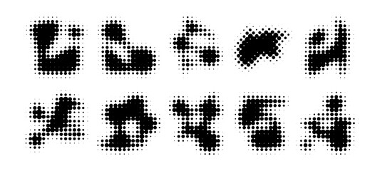 Poster - Halftone blob shapes set - dotted black geometric forms, halftone effect paint stains, round particles compositions pack. Grunge design elements collection for backgrounds, patterns and textures.