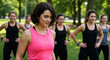 © Vasiliy - Woman in pink tank top instructing outdoor fitness class in green park. Group exercise training for wellness programs, boot camp services or women's fitness community events