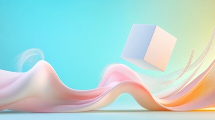 Poster - Floating white cube integrated into curving digital waves on light blue backdrop, stylized and futuristic