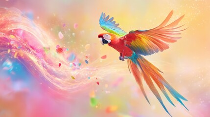 Poster - Flying parrot with glowing feathers and abstract curves radiating color, framed in swirling artistic motion