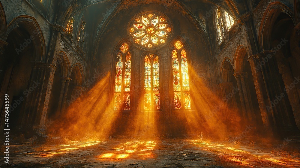 Amber light filters through the stained-glass windows of a forgotten ...
