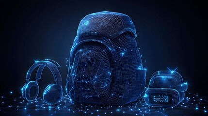 Aufkleber - Digital wireframe rendering showcases a glowing backpack, headphones, and VR headset. Perfect for technology, gaming, and virtual reality concepts. Abstract wireframe in dark blue