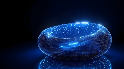 Poster - A mesmerizing, glowing blue torus dominates the frame. Its grid-like construction and illuminated points create a futuristic feel, reflected on the surface below. Abstract wireframe in dark blue.