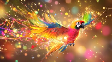 Poster - Parrot rendered in motion with electrifying trails of neon color, wings extended in a blaze of light and fluid lines