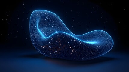 Aufkleber - Futuristic chaise lounge or abstract topography map rendered in a glowing blue grid, dotted with red particles, against a dark backdrop. Reflective surface. Abstract wireframe in dark blue.