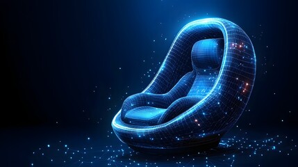 Poster - Futuristic lounge chair depicted in glowing blue wireframe. A digital network surrounds it, set against a deep blue gradient background. Captivating design element. Abstract wireframe in dark blue