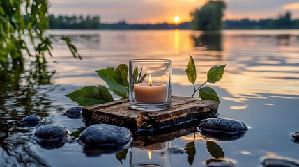 Poster - Candle illuminating still waters at sunset serene lake nature photography tranquil setting romantic concept