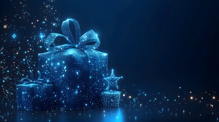 Poster - Festive digital gifts glow against a dark blue backdrop, bokeh lights adding depth. Wireframe cubes and a cylinder with star suggest celebration. Abstract wireframe in dark blue.