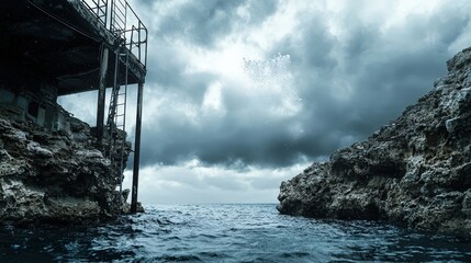 Poster - Stormy seascape with rocky outcrops coastal region landscape photography dramatic weather overhead view nature beauty