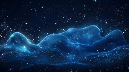 Poster - Abstract digital landscape featuring a luminous, wavy blue grid reminiscent of mountains under a starlit sky. Evokes technology, nature, and cosmic wonder. Abstract wireframe in dark blue