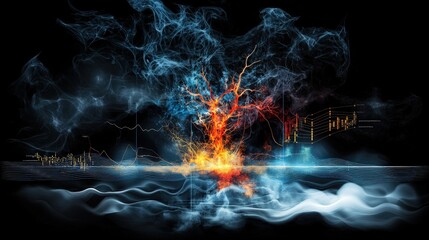 Aufkleber - Dynamic surreal tree of flames and smoke abstract art digital creation dark environment multicolor illumination