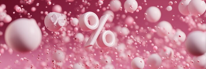 Poster - 3D Percentage Symbols Floating Gracefully in a Vibrant Pink Space With a Clear Lower Zone