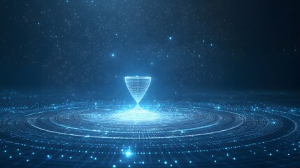 Poster - Futuristic digital art features an abstract wireframe hourglass over concentric circles, set against a star field with connected lines and a ground grid. Abstract wireframe in dark blue