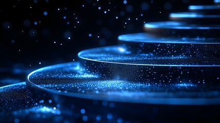 Poster - Futuristic architecture meets ethereal beauty in this luminous blue abstract. Tiered platforms shimmer with fine particles against a dark backdrop. Abstract wireframe in dark blue.