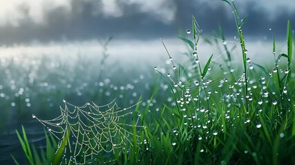 A close-up of dewdrops on a spiderweb in a foggy meadow