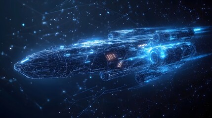Fototapete - Futuristic spaceship hurtling through a digital starfield, its form outlined with vibrant blue light trails, conveying speed and technological prowess. Abstract wireframe in dark blue.