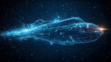 Poster - Futuristic spaceship hurtles through the cosmos, a beacon of advanced technology. Glowing blue wireframes define its form, illuminated by a brilliant orange engine. Abstract wireframe in dark blue.