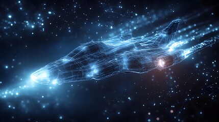 Fototapete - Futuristic spacecraft gracefully navigates the cosmos. Wireframe design evokes advanced tech, digital realms and space exploration. Sparkling lights add depth. Abstract wireframe in dark blue