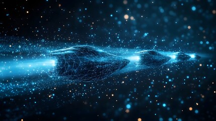 Poster - Futuristic interconnected spaceships glide through a mesmerizing starlit cosmos. Blue and yellow bokeh lights create depth. A captivating exploration scene. Abstract wireframe in dark blue.
