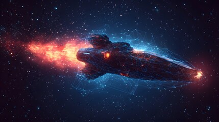 Poster - A futuristic spaceship journeys through the cosmos, propelled by fiery exhaust, amidst a star-studded expanse. Dynamic digital artwork of spacecraft and stars. Abstract wireframe in dark blue.