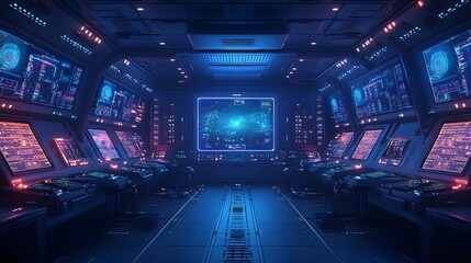 Leinwandbilder - Step into a futuristic control hub! Immerse yourself in a world of high-tech wonders with luminous screens and advanced controls, where innovation meets design. Abstract wireframe in dark blue.