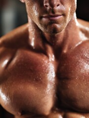 Aufkleber - Muscular Bodybuilder Torso With Oil Sheen Showcased Against a Blurred Background in a Gym Setting Focused on Physical Strength and Fitness
