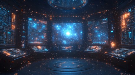 Poster - Step into the future with this high-tech control room! Walls adorned with starfield screens and data visualizations, central platform, and glowing particles. Abstract wireframe in dark blue.