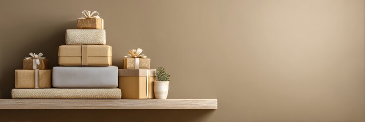 Poster - Presents Stacked Neatly on a Minimalistic Shelf With Ample Negative Space Above, Creating a Serene Holiday Atmosphere
