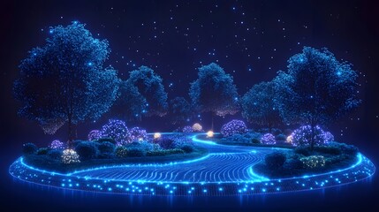Aufkleber - Enchanting surreal garden at night, alive with glowing blue flora and winding paths. Futuristic, dreamlike landscape illuminated by cool light. Abstract wireframe in dark blue