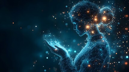 Fototapete - Futuristic digital woman outlined in blue lines holds glowing energy. Orange and blue sparks add magic. Striking contrast on dark background. Abstract wireframe in dark blue.