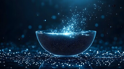 Fototapete - Abstract wireframe bowl emanating ethereal blue particles against a deep blue backdrop. The reflective surface adds depth to this digital art piece. Captivating abstract wireframe in dark blue.