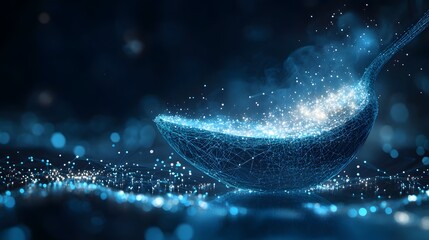 Poster - A digitally rendered ladle filled with glowing particles against a blurred, bokeh-filled backdrop. Evokes a sense of digital magic and ethereal light. Abstract wireframe in dark blue.