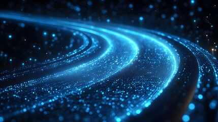 Poster - Luminous blue particles converge into dynamic, curved streams of light, creating depth and motion. Scattered background lights enhance the futuristic, dreamy vibe. Abstract wireframe in dark blue.