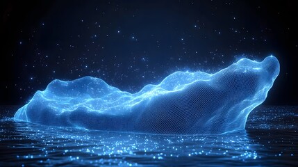 Aufkleber - Futuristic blue wireframe terrain hovers over a reflective surface in a dark, star-speckled background, creating a technological fantasy. Abstract wireframe in dark blue