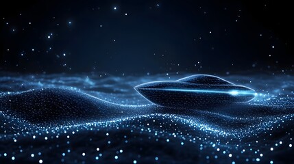Leinwandbilder - Futuristic flying saucer descends onto a digital landscape. Luminous particles enhance the scene. Advanced technology and cosmic exploration. Abstract wireframe in dark blue.