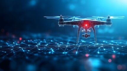 Poster - Futuristic drone hovers above a glowing network. Red and blue lights create a tech-forward atmosphere, perfect for digital innovation concepts. Abstract wireframe in dark blue.