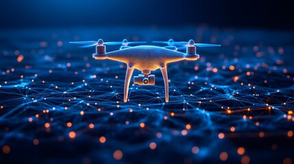 Fototapete - Futuristic drone design with glowing blue and orange lights, hovering above a network. Perfect for tech, innovation, and digital future concepts. Abstract wireframe in dark blue.
