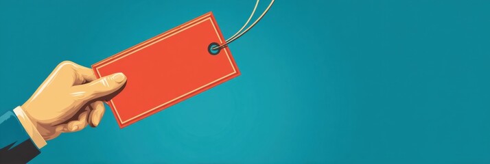 Poster - Hand Holding a Vibrant Price Tag on an Open Solid Background Representing Shopping and Consumerism