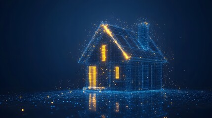 Poster - futuristic wireframe house illustration against a dark blue gradient. glowing yellow highlights add 