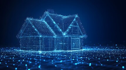 Poster - A digital house rendered in luminous blue wireframe against a dark blue backdrop. The architectural blueprint style presents a modern and technological aesthetic. Abstract wireframe in dark blue.