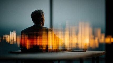 Aufkleber - Businessman Contemplating Future Success Cityscape Overlay