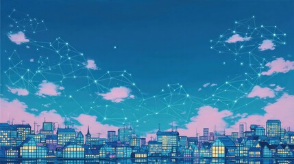 Poster - Night Cityscape with Connected Network of Lights Above Buildings