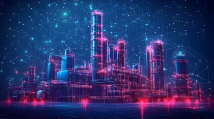 Aufkleber - Futuristic industrial cityscape glows with neon outlines against a dark backdrop, showcasing digital connectivity. The reflected lights enhance its high-tech appeal. Abstract wireframe in dark blue
