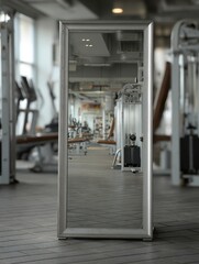 Poster - Gym Mirror Reflection Showcasing Training Body in a Modern Fitness Center During a Workout Session