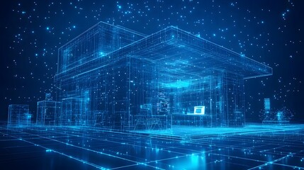 Leinwandbilder - futuristic wireframe building with glowing blue lines outlines a modern workspace. a laptop illumina