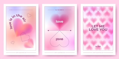 Poster - Groovy Valentine Day banners set with blurry aura hearts. Vector illustration of y2k aesthetic posters with gradient love symbols in pastel pink color, doodle elements and frame, trendy holiday cards