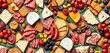 © Teepanun - A delightful seamless pattern featuring an assortment of charcuterie board items, including cheeses, meats, fruits, and bread, ideal for wine pairings, italian, fingerfood