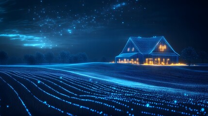 Leinwandbilder - futuristic night landscape featuring a glowing wireframe house, data-stream ground, and digital tree