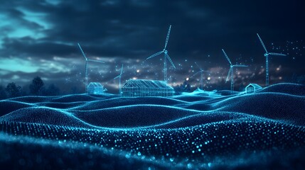 Leinwandbilder - futuristic digital landscape with blue wireframe structures under a cloudy sky. wind turbines sugges
